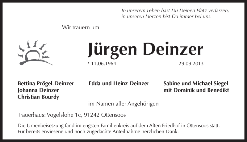  Traueranzeige für Jürgen Deinzer vom 26.10.2013 aus Pegnitz-Zeitung
